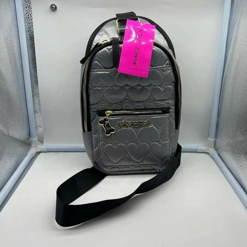 BETSEY JOHNSON three piece silver and gold doggie backpack, scarf and treat bag